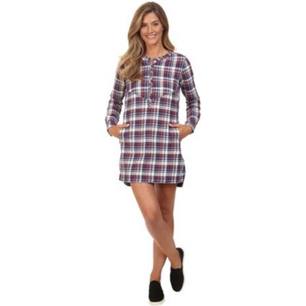 Merrell Women's Vagabond Red Blue Flannel Plaid Pockets Tunic Dress Size Small